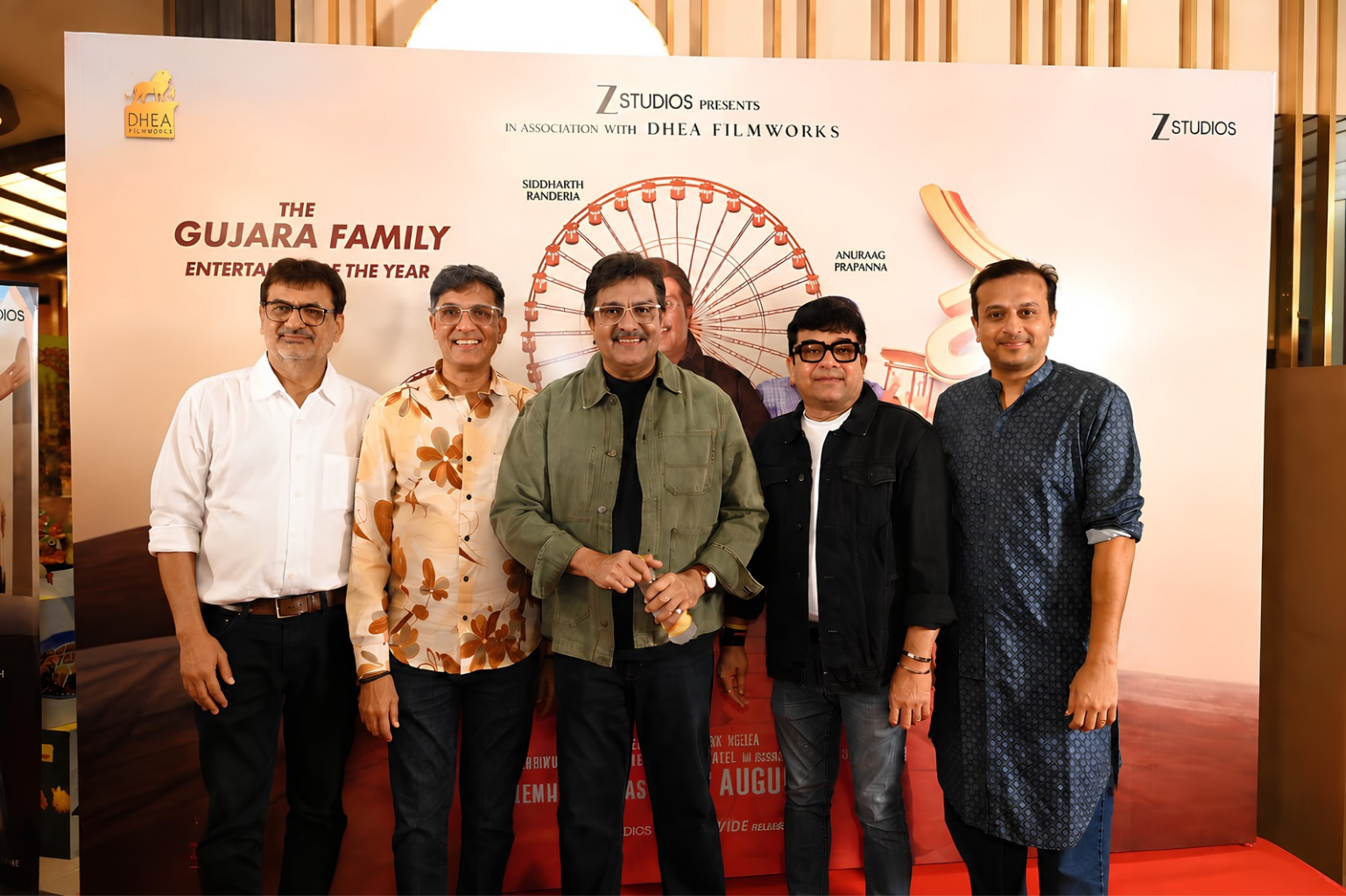 Caption left to right names: Haresh Patel (Producer), Anuraag Prapanna (Actor), Siddharth Randeria (Actor), Dharmessh Mehta (Director), Sujal Parekh (CBO, Zee Music Company)